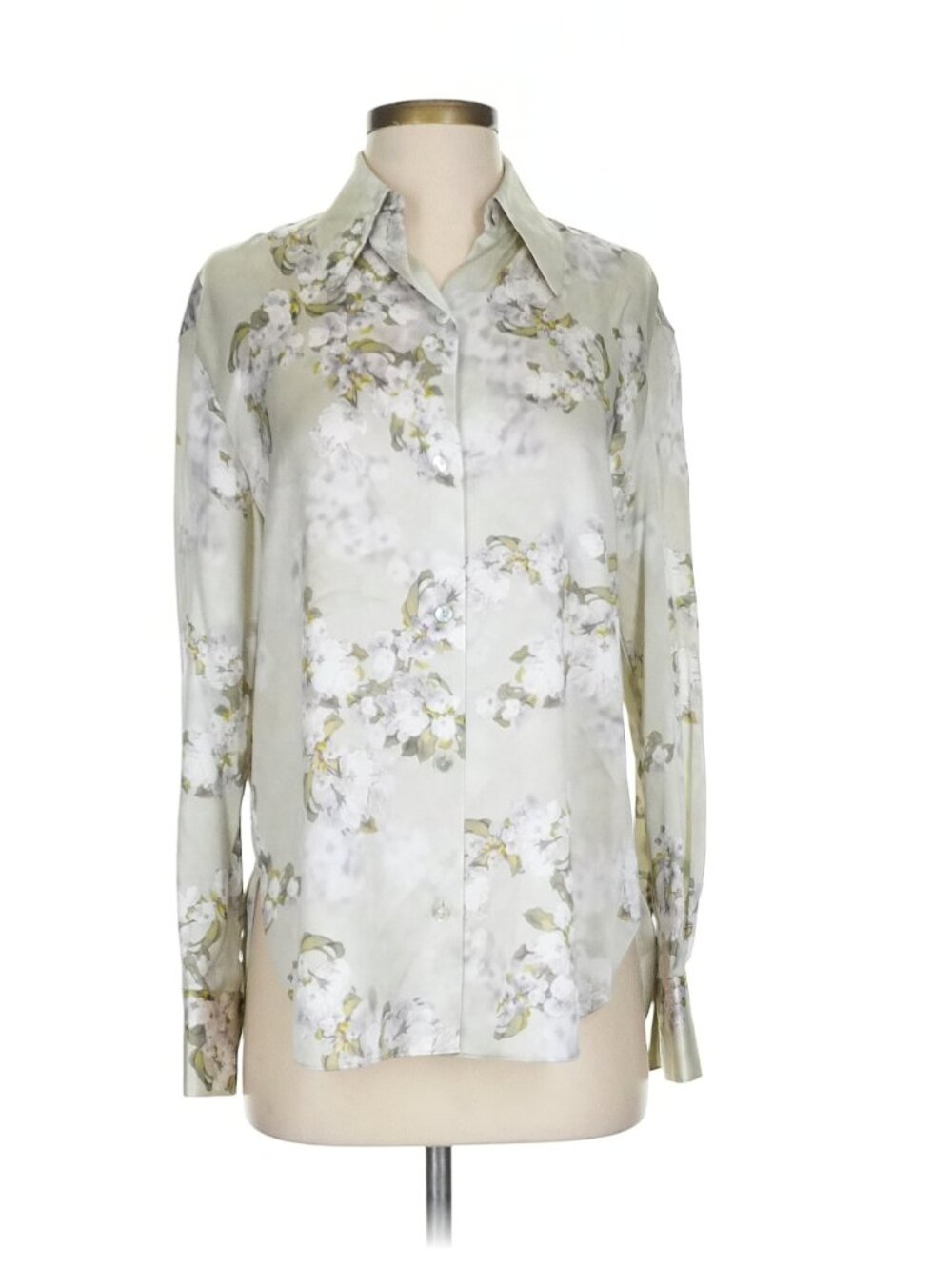 Vince 100% Silk Floral Print Hazy Blossom Blouse Sage Green Button Down Size S